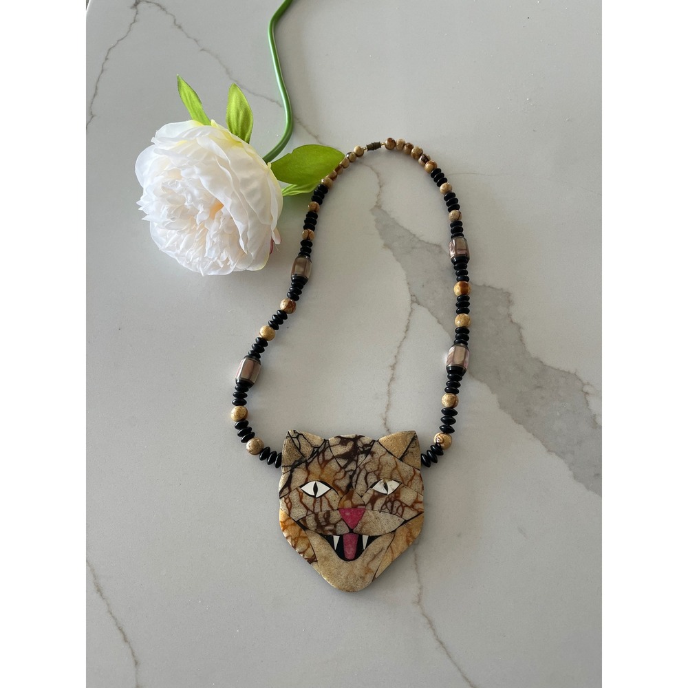 Vintage Cat Necklace Statement Beaded Costume‎ Jewelry